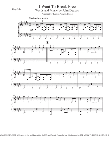 I Want To Break Free By Queen For Solo Harp Sheet Music