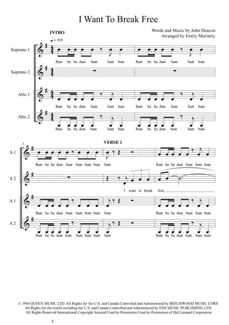 I Want To Break Free Ssaa Sheet Music