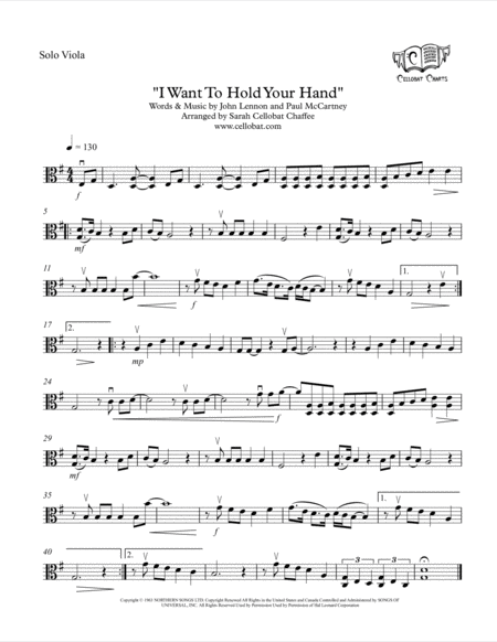 Free Sheet Music I Want To Hold Your Hand Solo Viola The Beatles Arr Cellobat