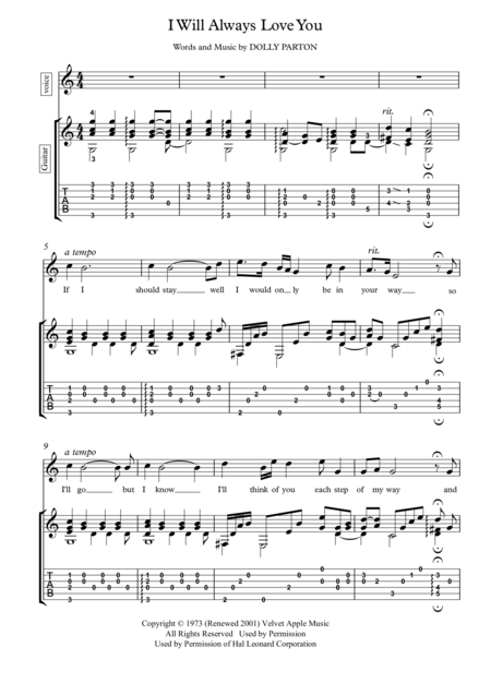 Free Sheet Music I Will Always Love You Guitar Fingerstyle