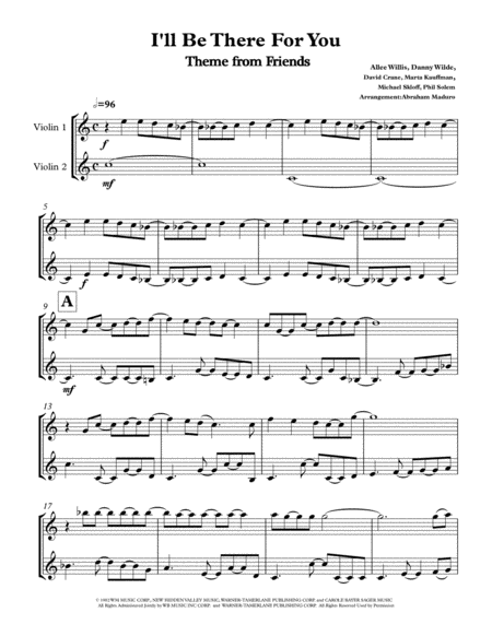 I Will Be There For You Theme From Friends Violin Duet Sheet Music