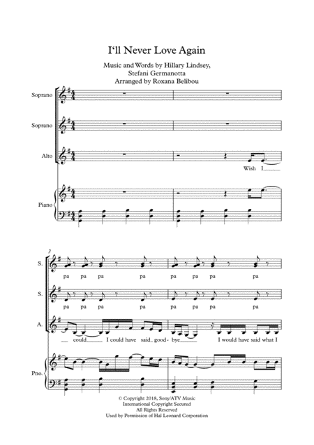 I Will Never Love Again From A Star Is Born Ssa Piano Sheet Music