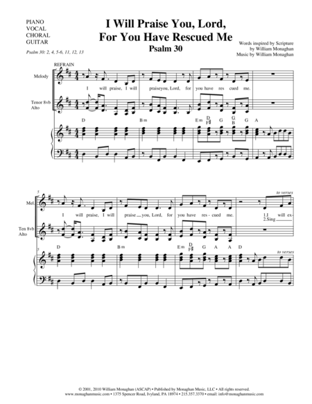 Free Sheet Music I Will Praise You Lord For You Have Rescued Me Psalm 30