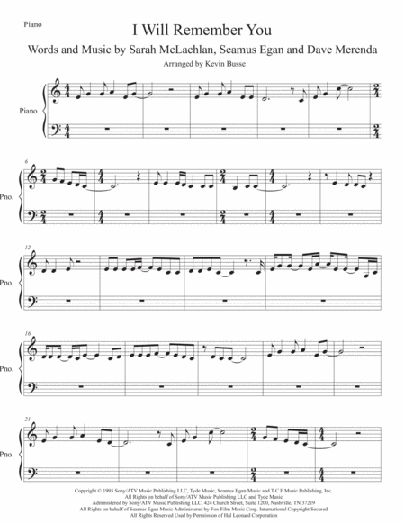 Free Sheet Music I Will Remember You Piano Easy Key Of C