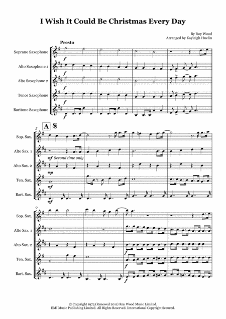 Free Sheet Music I Wish It Could Be Christmas Every Day By Wizzard Saxophone Quintet Saatb