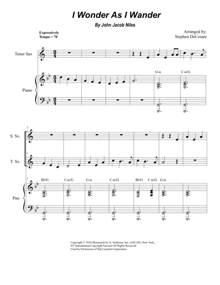 Free Sheet Music I Wonder As I Wander Duet For Soprano And Tenor Saxophone