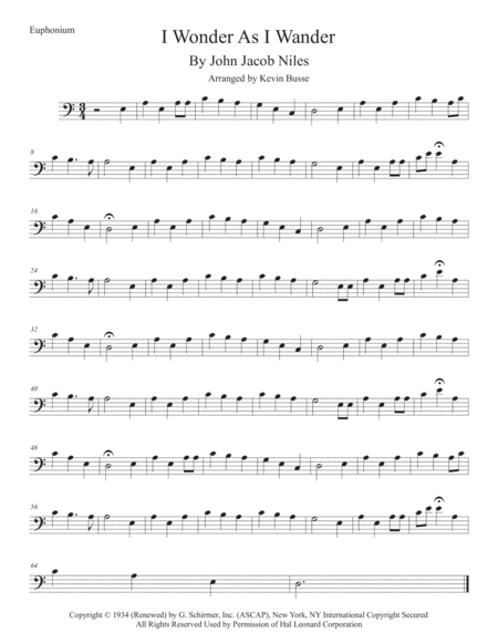 Free Sheet Music I Wonder As I Wander Easy Key Of C Euphonium