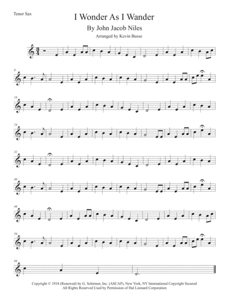 Free Sheet Music I Wonder As I Wander Easy Key Of C Tenor Sax