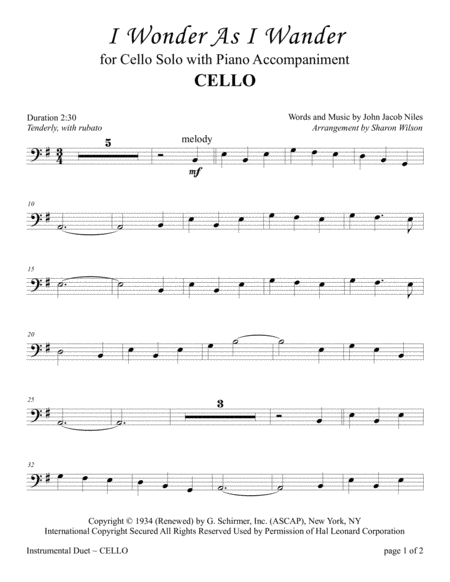 I Wonder As I Wander For Cello Solo With Piano Accompaniment Sheet Music