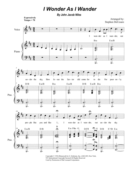 Free Sheet Music I Wonder As I Wander For High Voice
