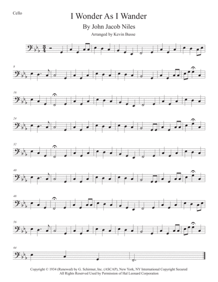 I Wonder As I Wander Original Key Cello Sheet Music