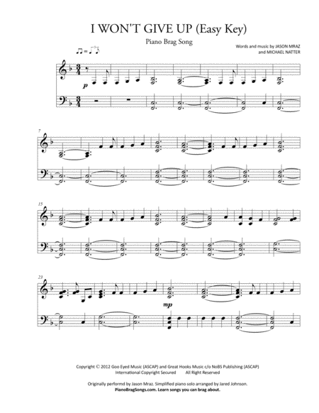 I Wont Give Up Easy Piano Solo Jason Mraz Sheet Music