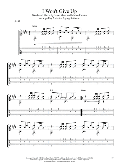 Free Sheet Music I Wont Give Up Fingerstyle Guitar Solo