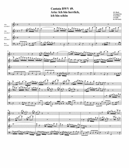 Ich Bin Herrlich Ich Bin Schn From Cantata Bwv 49 Arrangement For 4 Recorders Sheet Music