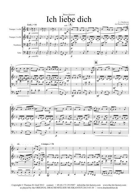 Free Sheet Music Ich Liebe Dich Beethoven Goes Polka Brass Quartet