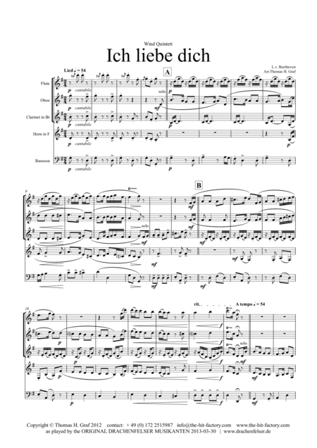 Free Sheet Music Ich Liebe Dich Beethoven Wind Quintet