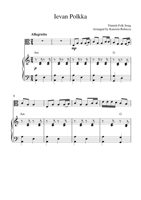 Ievan Polkka Viola Solo And Piano Accompaniment Sheet Music