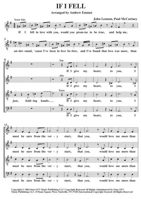 If I Fell A Cappella Sheet Music