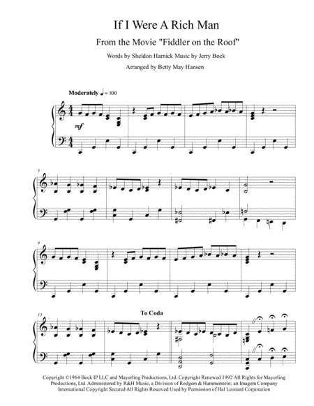 If I Were A Rich Man Fiddler On The Roof Sheet Music