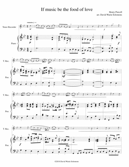 If Music Be The Food Of Love For Tenor Recorder And Piano Sheet Music