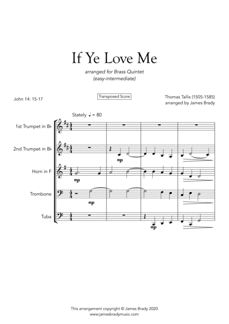 If Ye Love Me By Thomas Tallis Easy Brass Quintet Arrangement Sheet Music