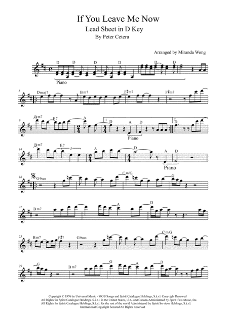 If You Leave Me Now Tenor Or Soprano Saxophone Solo Sheet Music