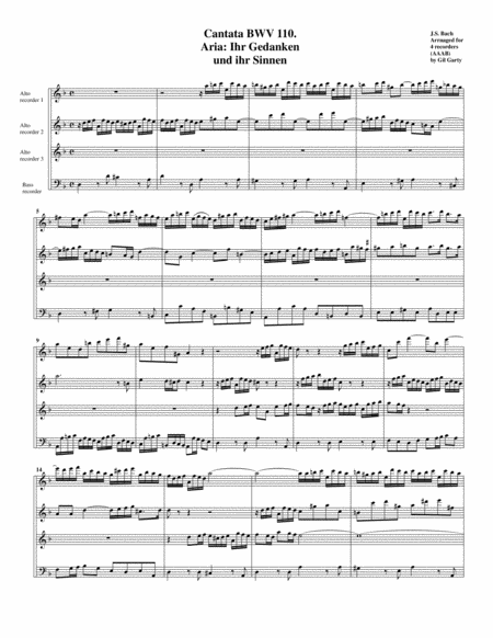 Free Sheet Music Ihr Gedanken Und Ihr Sinnen From Cantata Bwv 110 Arrangement For 4 Recorders