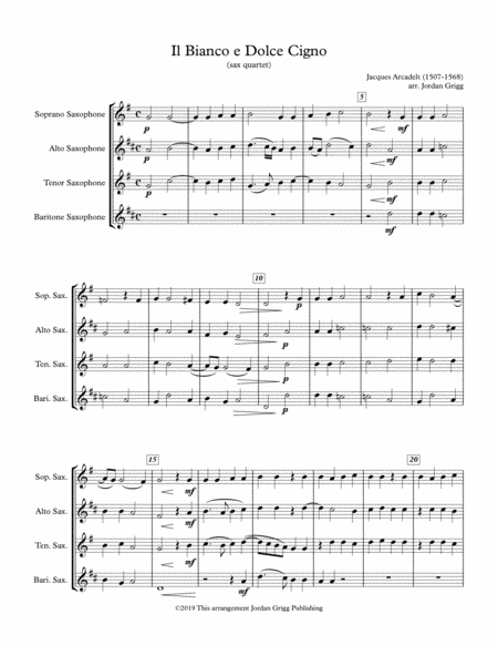 Free Sheet Music Il Bianco E Dolce Cigno Sax Quartet