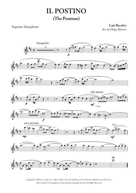 Il Postino The Postman For Saxophone Quartet Sheet Music