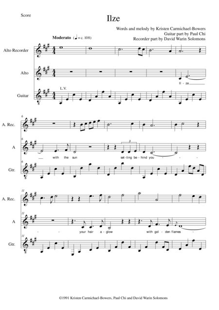 Free Sheet Music Ilze For Alto Voice Alto Recorder And Guitar Or Harp