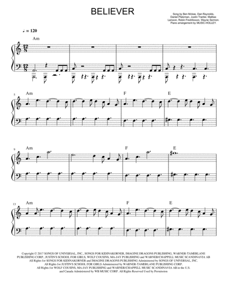 Free Sheet Music Imagine Dragons Believer Easy Piano Sheet In A Minor