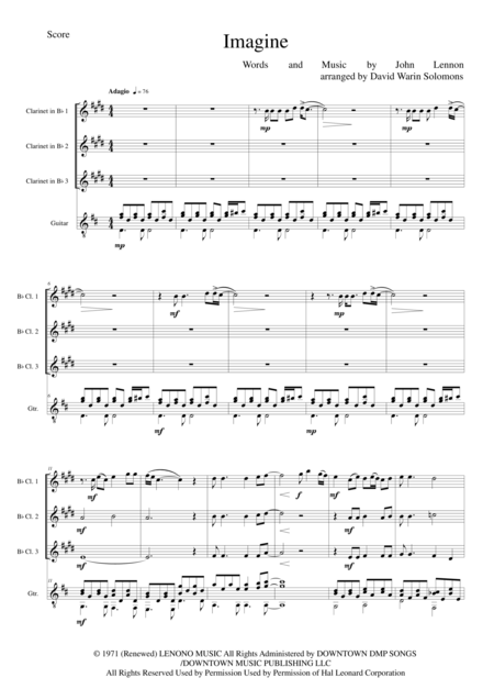 Imagine For Clarinet Trio And Guitar Sheet Music