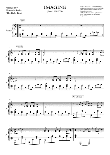 Imagine Intermediate Advanced Piano Arrangement Sheet Music