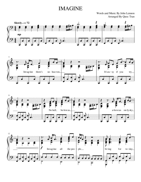 Imagine John Lennon For Piano Solo Intermediate Sheet Music