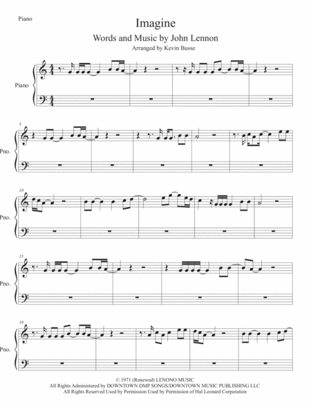 Imagine Piano Original Key Sheet Music