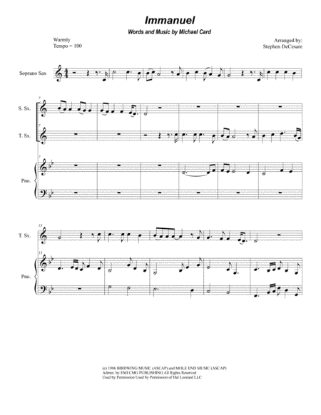 Free Sheet Music Immanuel Duet For Soprano And Tenor Saxophone
