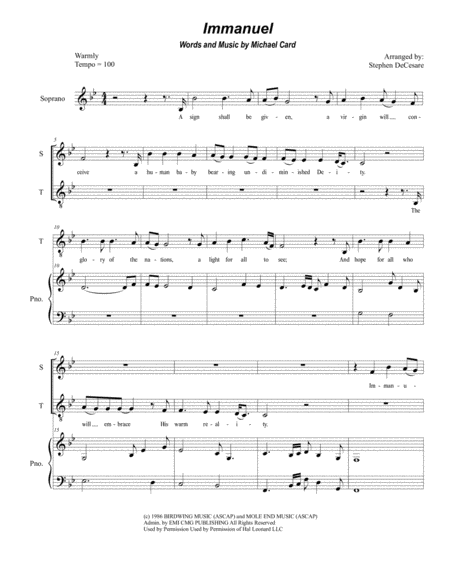 Free Sheet Music Immanuel Duet For Soprano And Tenor Solo