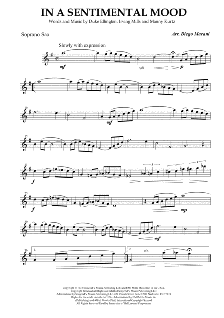 In A Sentimental Mood For Saxophone Quintet Sheet Music