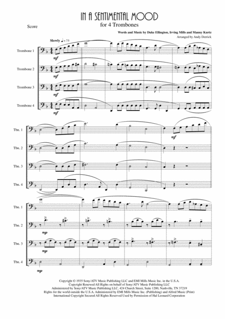 In A Sentimental Mood For Trombone Quartet Sheet Music