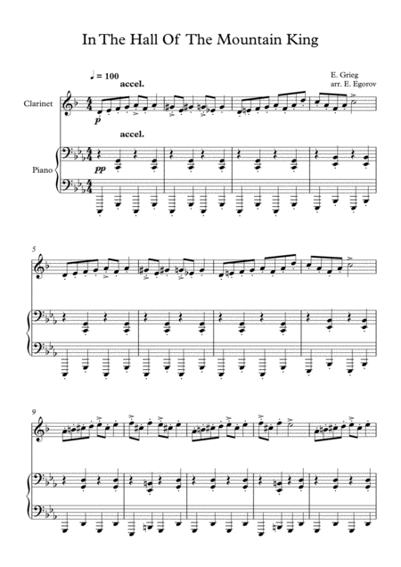 In The Hall Of The Mountain King Edvard Grieg For Clarinet Piano Sheet Music