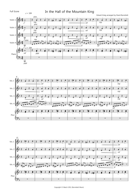 In The Hall Of The Mountain King For Violin Quartet Sheet Music