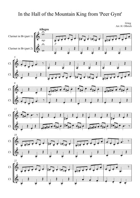 In The Hall Of The Mountain King From Peer Gynt By Grieg Arranged For 2 Clarinets In B Flat Sheet Music