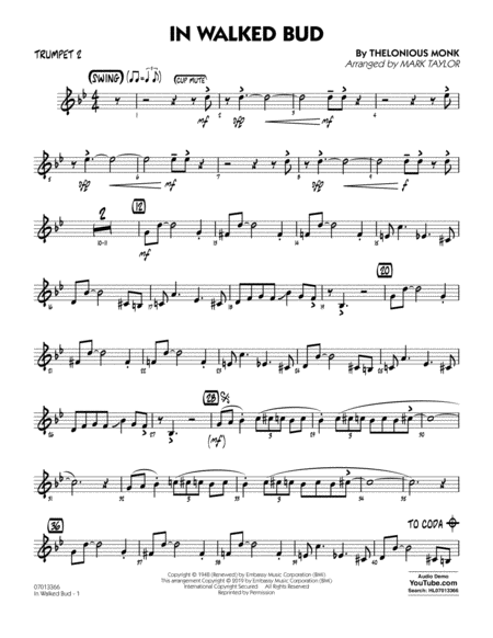 In Walked Bud Arr Mark Taylor Trumpet 2 Sheet Music