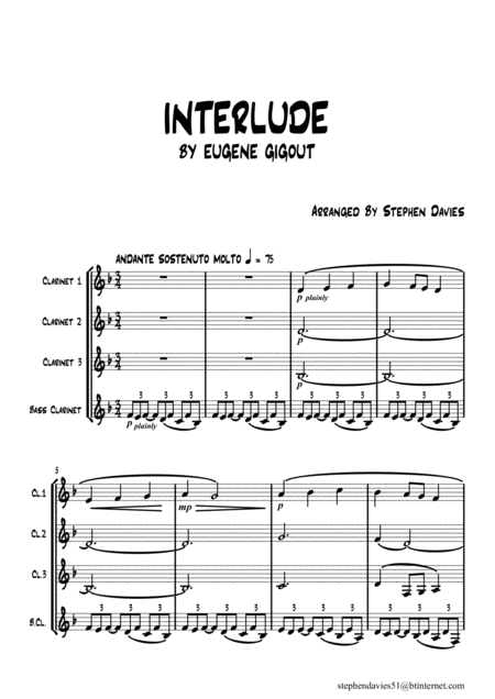 Interlude By Eugene Gigout For Clarinet Quartet Sheet Music