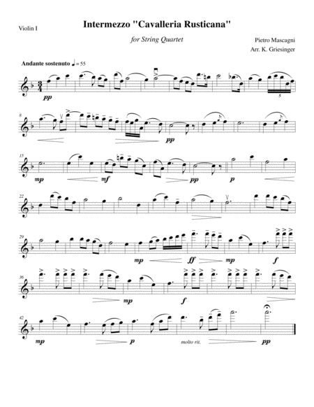 Intermezzo Cavalleria Rusticana Mascagni String Quartet Sheet Music