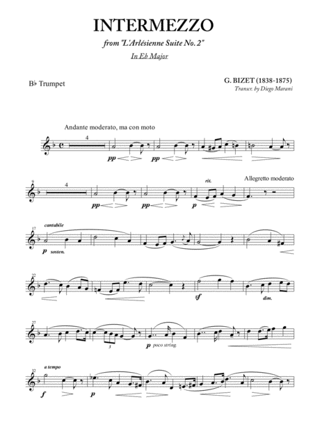 Intermezzo From L Arlesienne For Trumpet And Piano Sheet Music