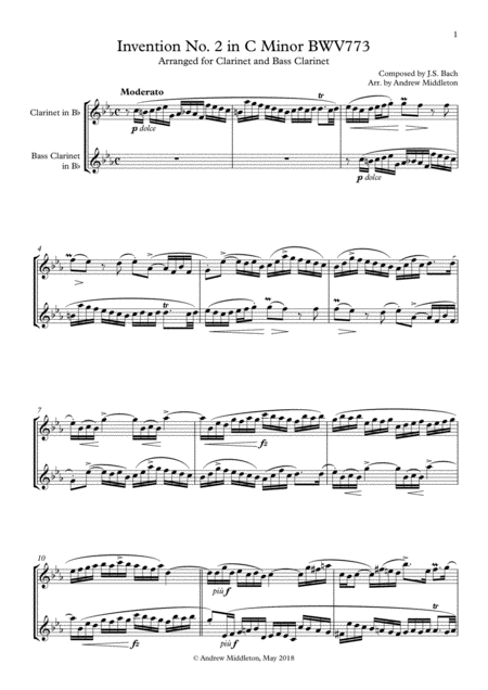 Invention No 2 In C Minor For Clarinet Bass Clarinet Sheet Music