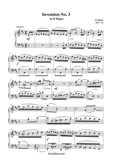 Invention No 3 In D Bwv 774 Js Bach Sheet Music