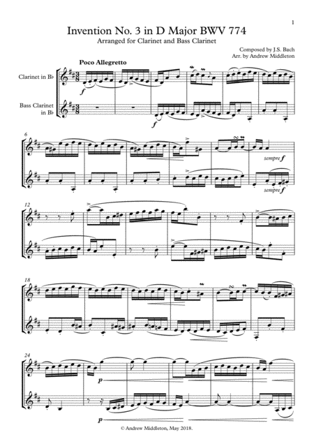 Invention No 3 In D Major For Clarinet Bass Clarinet Sheet Music