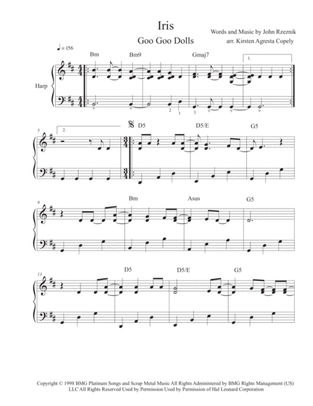 Iris Goo Goo Dolls Solo Harp Arrangement Sheet Music